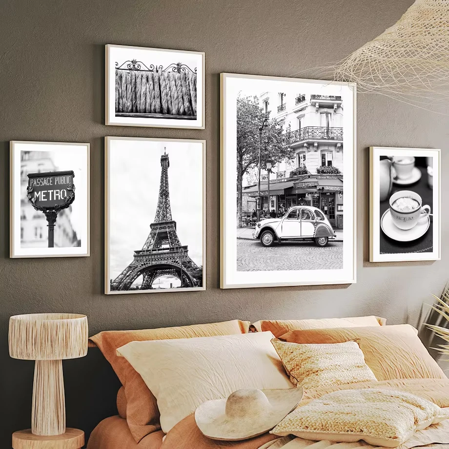 Pintura en lienzo en blanco y negro, toalla de París, cafetería, tienda, carteles de coche Vintage, impresiones, imágenes artísticas de pared nórdicas, decoración del hogar para sala de estar
