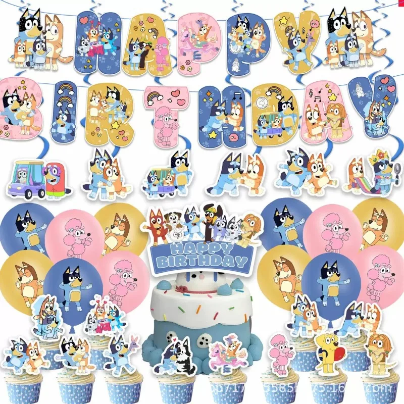 

Набор из 4 предметов: одноразовые баннеры и топперы для торта с мультяшными персонажами Bluey/Bingo, подвесные флажки, воздушные шары Bluey, украшения для торта на день рождения