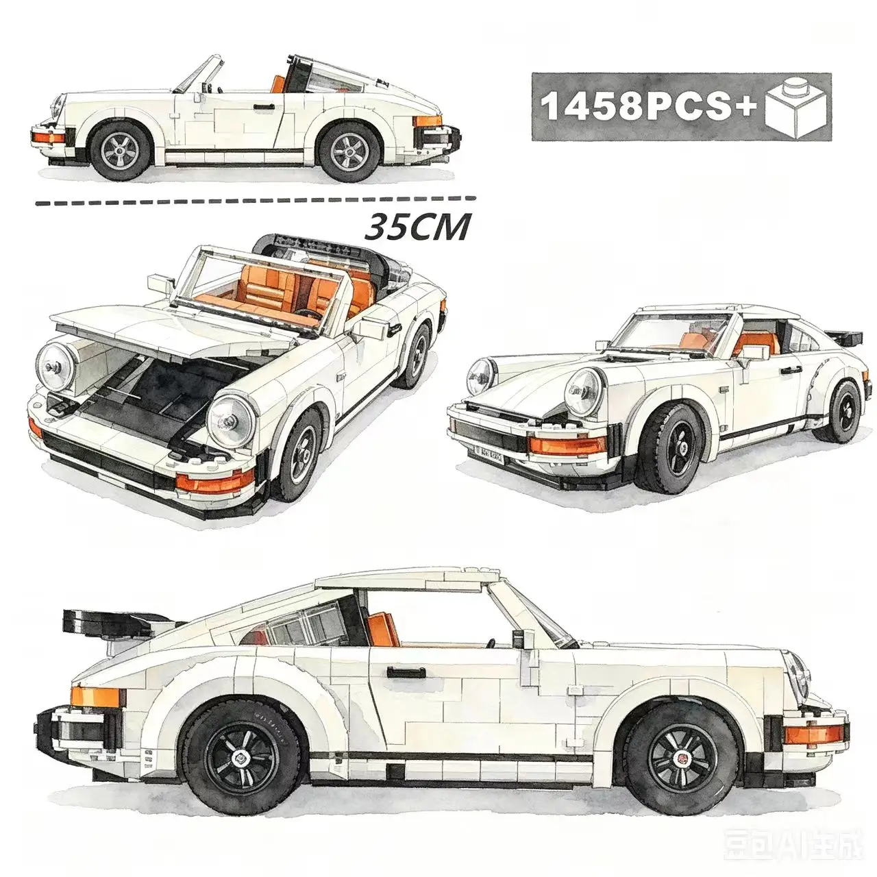 1458PCS Technical White Porsche 911 Convertible MOC Building Block  23005 Model Racing Vehicle Bricks Toys for Gift