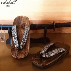 WHOHOLL Geta Summer Man Women‘s Slipper Large Japanese Wood Geta Flip-flops Indoor Flat Non-slip Clogs Slippers Plus Size 47 48