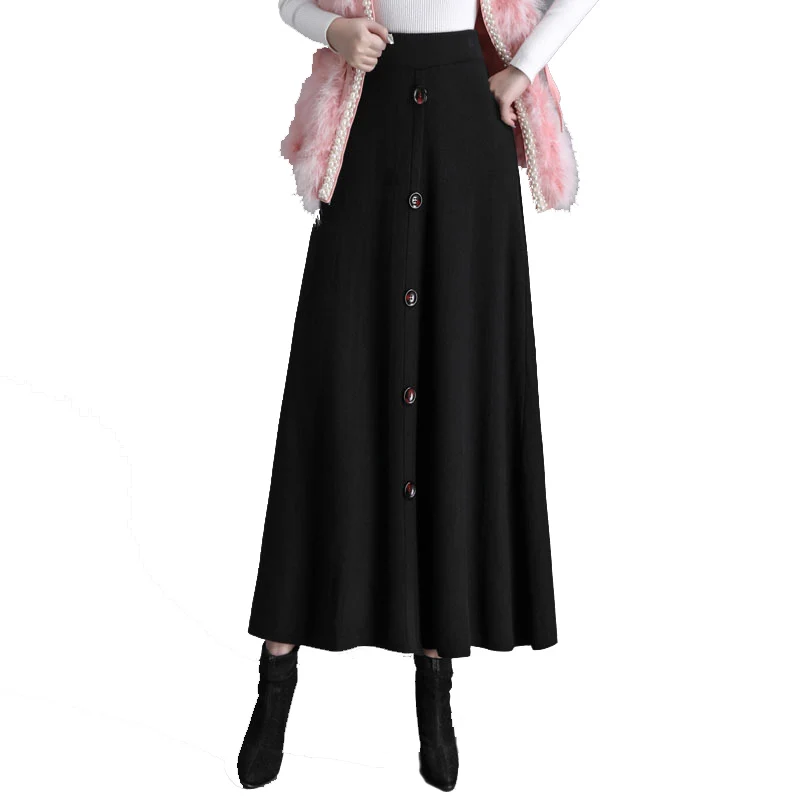 Herfst Knoppen Gebreide Maxi Lange Rok Wol Blend Warme Dikke Flared Enkel Lange Winter Rokken