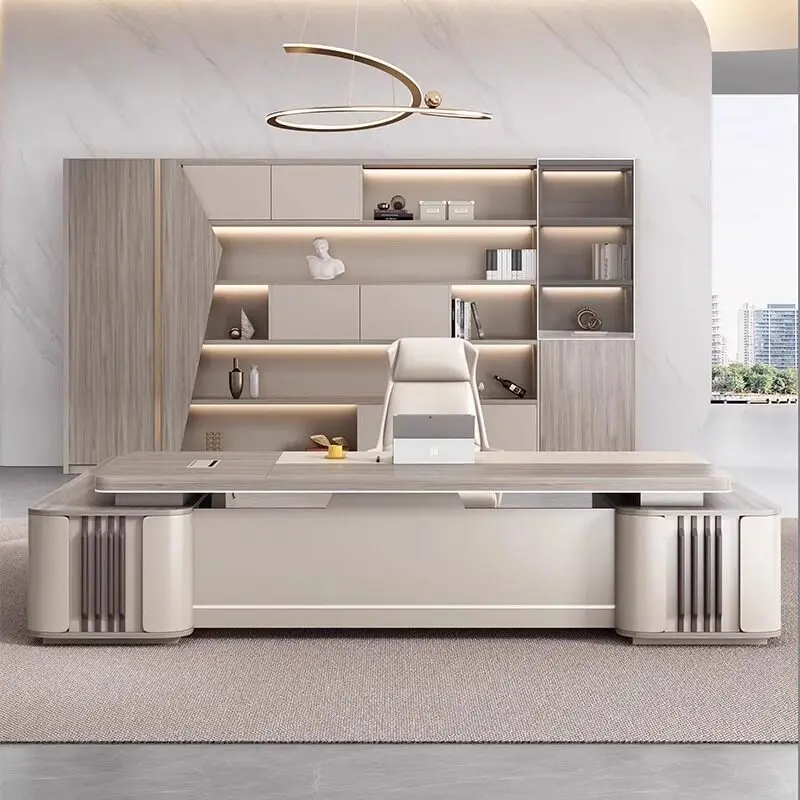 Modern Executive Work Desk Light‑Colored L‑Shape Large Boss Table Multi‑Storage Cabinet Design for Executive Manager Office Room