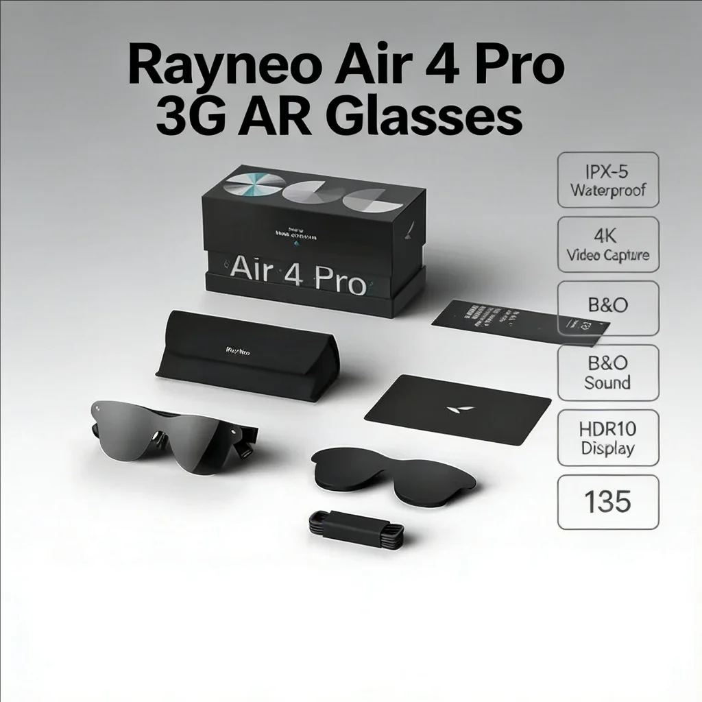 

Очки Rayneo Air 4 Pro 3G AR с защитой от воды IPX-5, записью видео 4K, звуком B&O, дисплеем HDR10, виртуальным экраном 135 дюймов