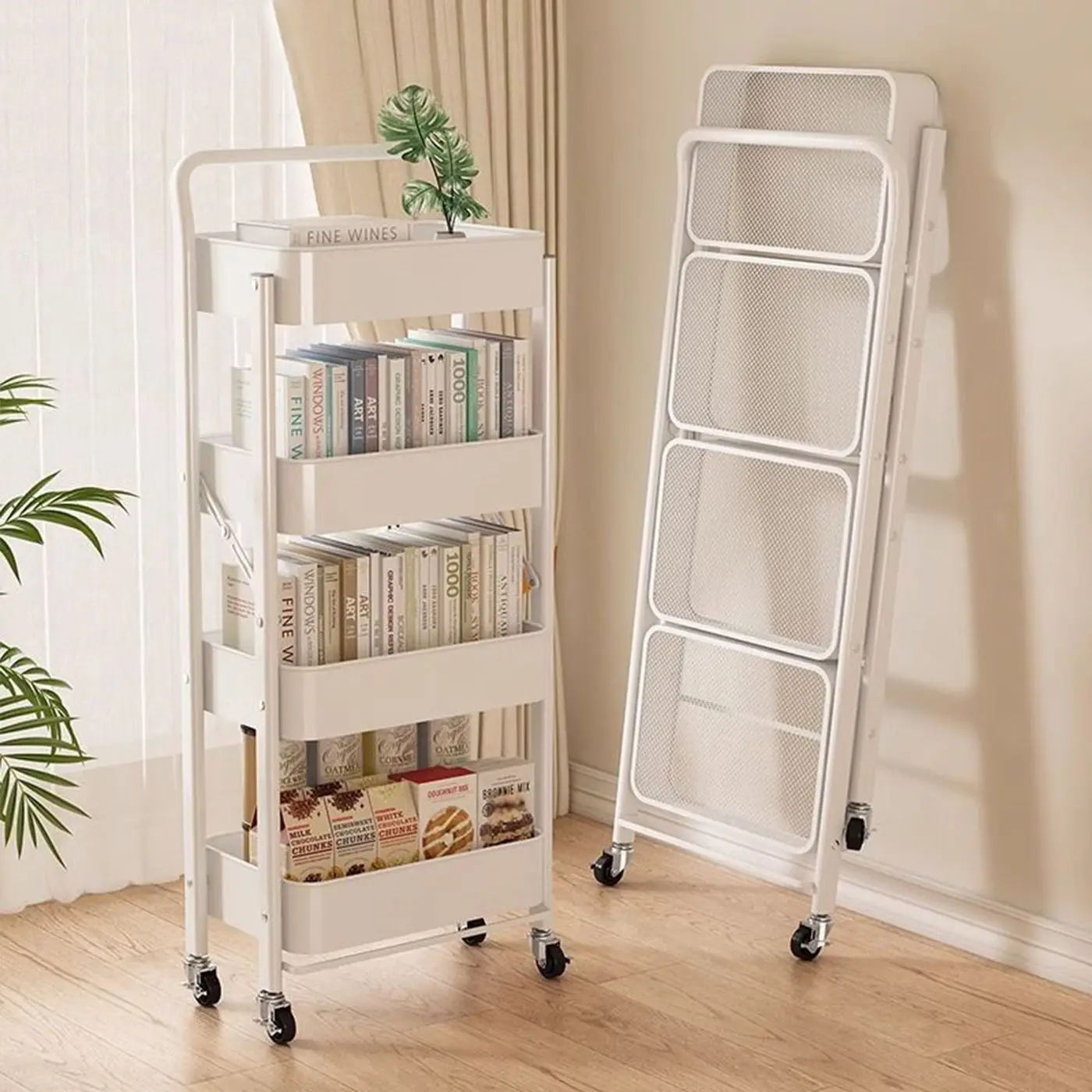 Foldable Rolling Kitchen Trolley 4 Tier White Metal Mesh Storage Cart With Wheels Mobile Utility Organizer For Home Bathroom