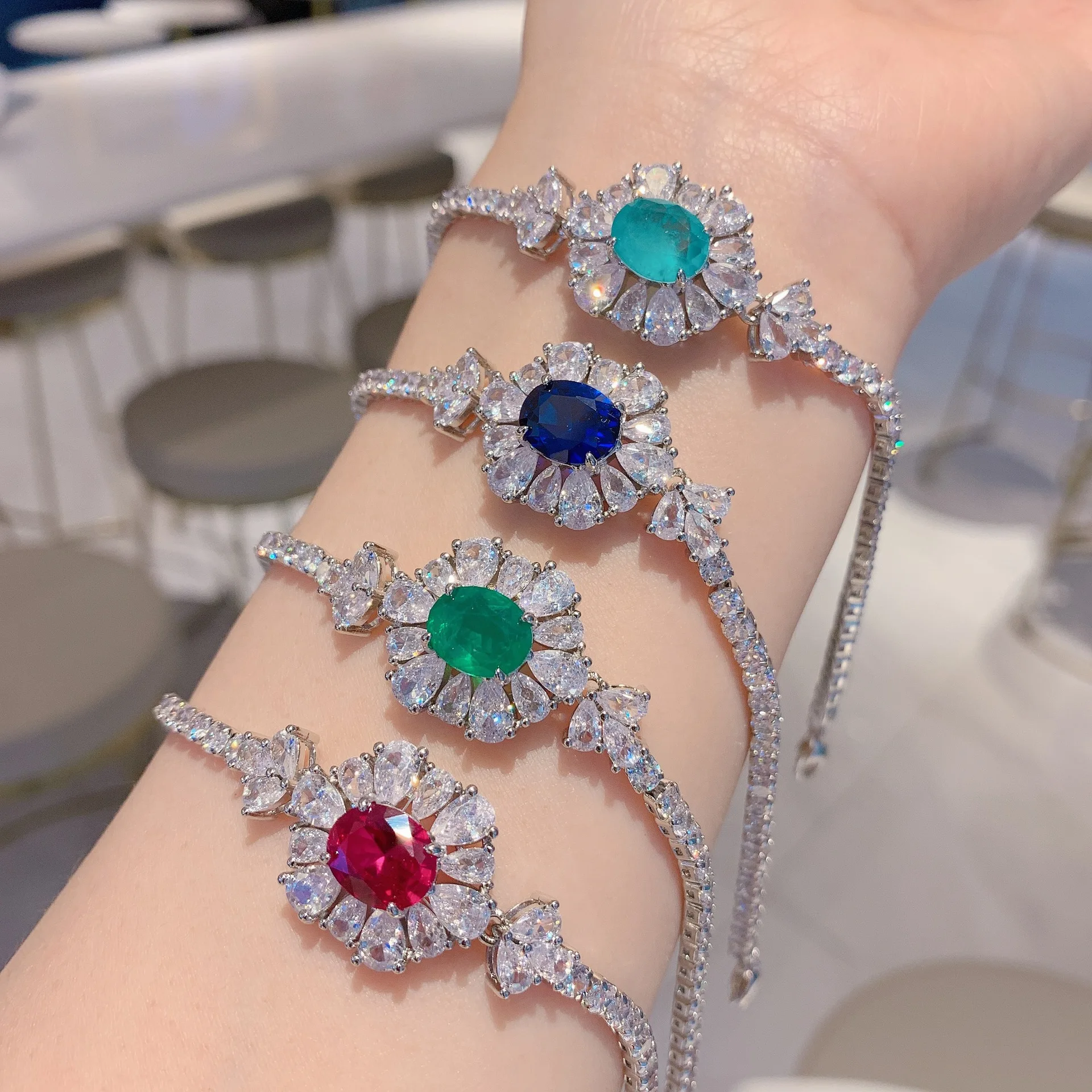 

Charms S925 Sterling Silver 8*10mm Green Crystal Flower Sunflower Bracelet Women Wedding Party Luxury Jewelry Aesthetic 17+5cm