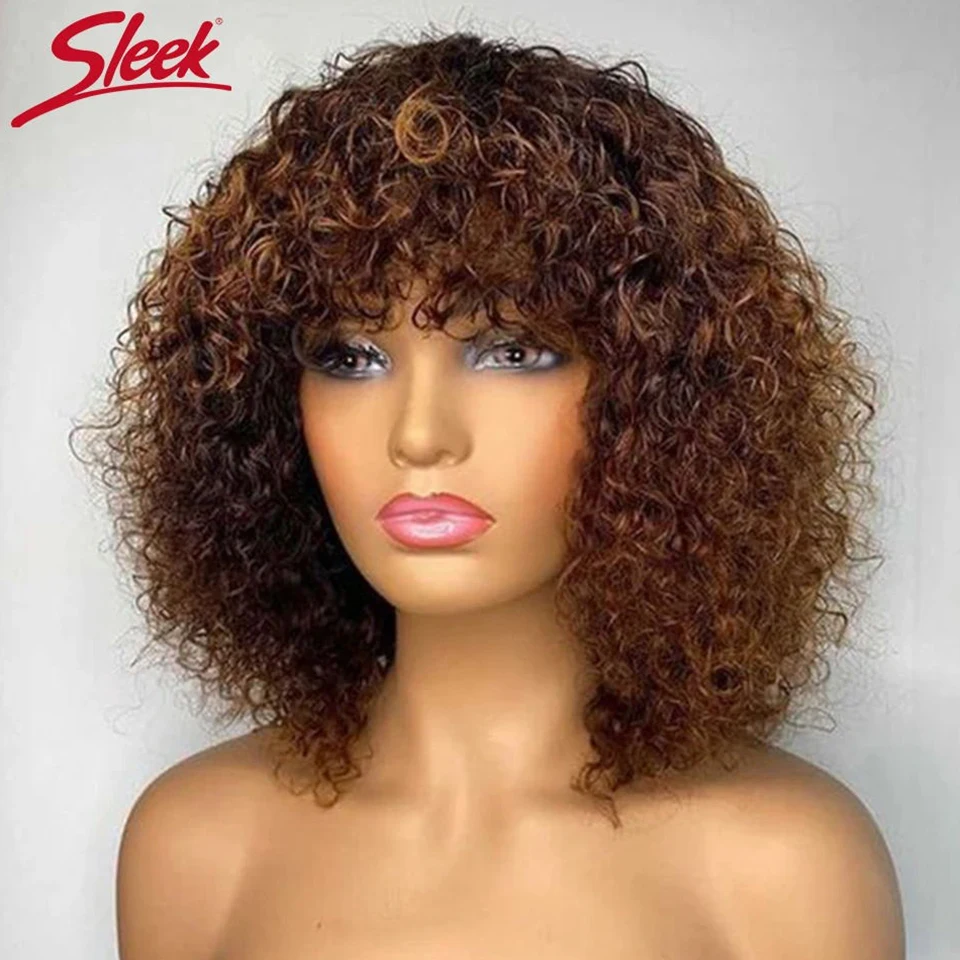 Peruvian Short Pixie Bob Cut Human Hair Wigs With Bangs Jerry Curly Non lace front Wig Highlight Honey Blonde Colored Wigs