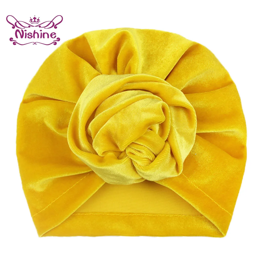 Gorro de terciopelo con nudo para niña, gorro de cobertura con flor rosa, turbante, accesorios para el cabello, 1 piezas