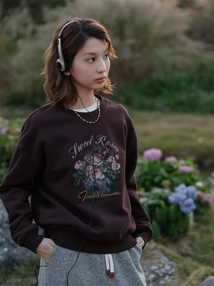 

Botanique Gentle Rose Thiened Velvet Lined Sweatirt Retro Print Casual Comfortable Women's Long Sve round Ne Pullover