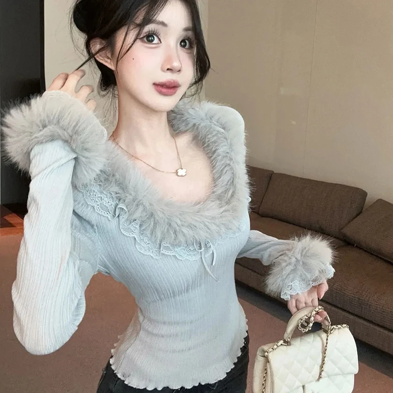 

Милая облегающая укороченная футболка женская с длинным рукавом с меховым воротником кружевные лоскутные футболки женские осенне-зимние шикарные повседневные топы с низом новые
