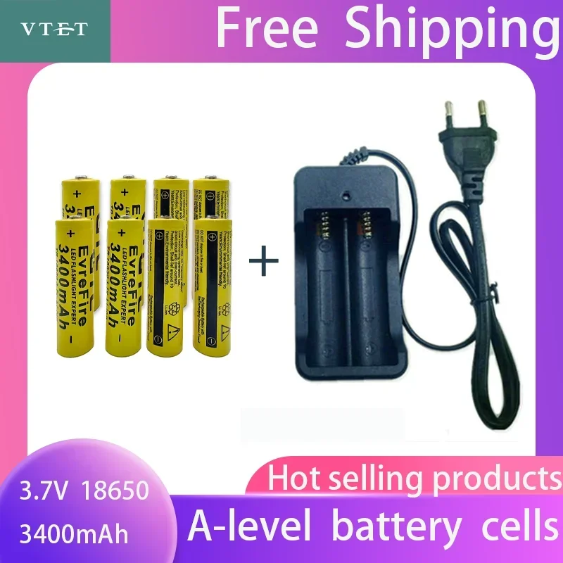 2024 New Battery High Quality 3400mAh 3.7V 18650 Li-ion Batteries Rechargeable Battery for Flashlight Torch Fan Toy Car+Charger