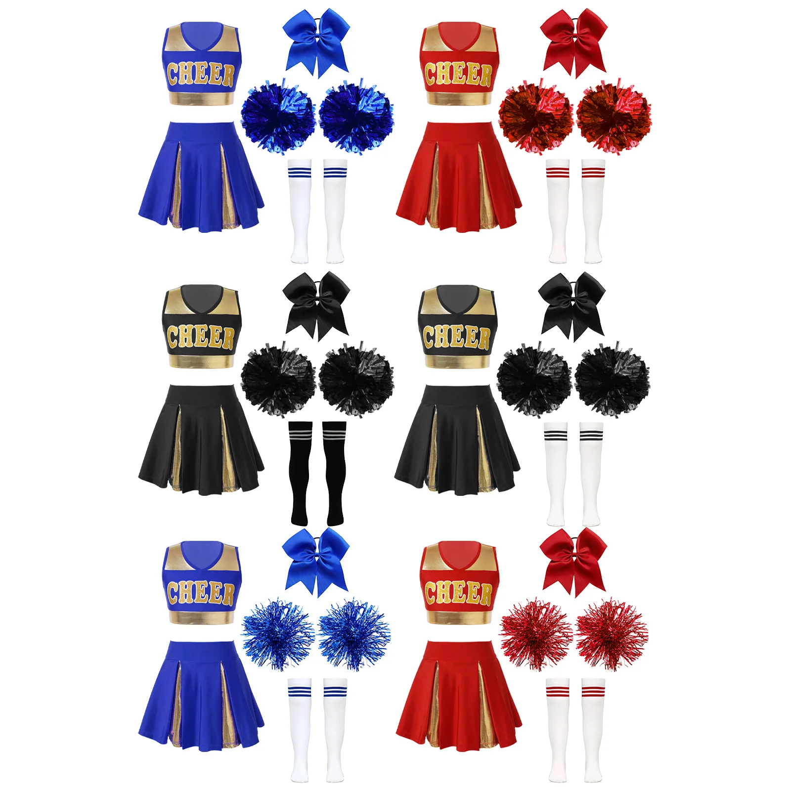 Kids Girls Cheerleading Dance Outfits Sleeveless V Neck Crop Top with Pleated Skirt Halloween Cheer Leaders Performance Costumes