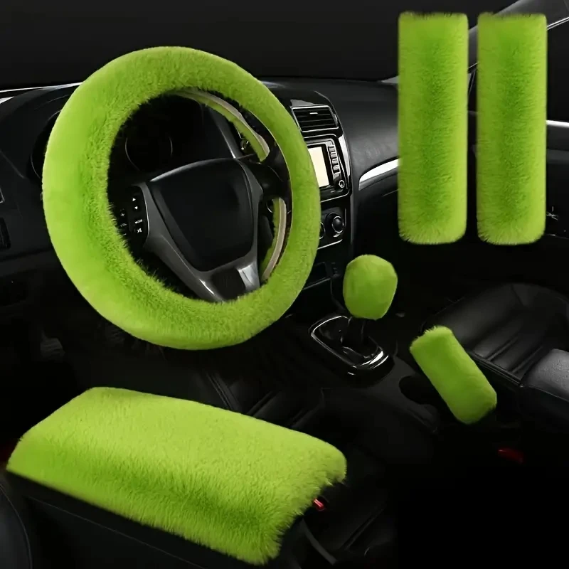 6-Piece Luxury Plush Rex Rabbit Hair Steering Wheel Cover Set -Comfort Grip, Stylish Design, Easy Install