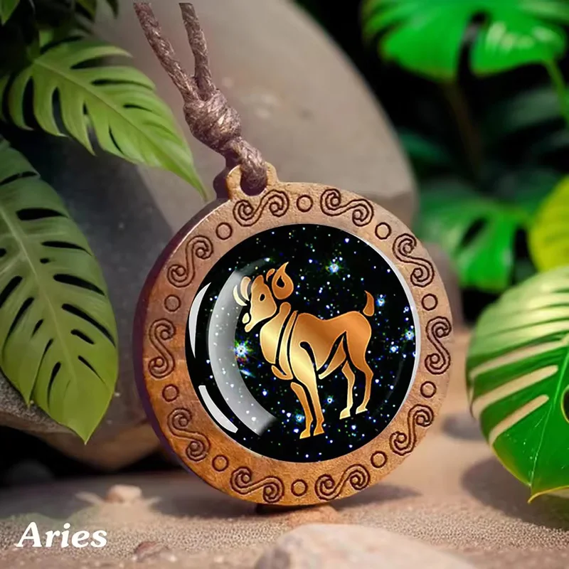 خمر 12 زودياك تسجيل الزجاج قلادة خشبية قابل للتعديل حبل طويل سلسلة قلادة كوكبة المجوهرات