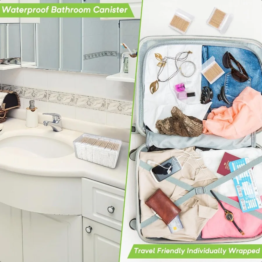 1000本入りオーガニックコットン綿棒、両端使用可能、生分解性コットン、丈夫な竹製スティック付き、耳掃除、メイクアップ、衛生用