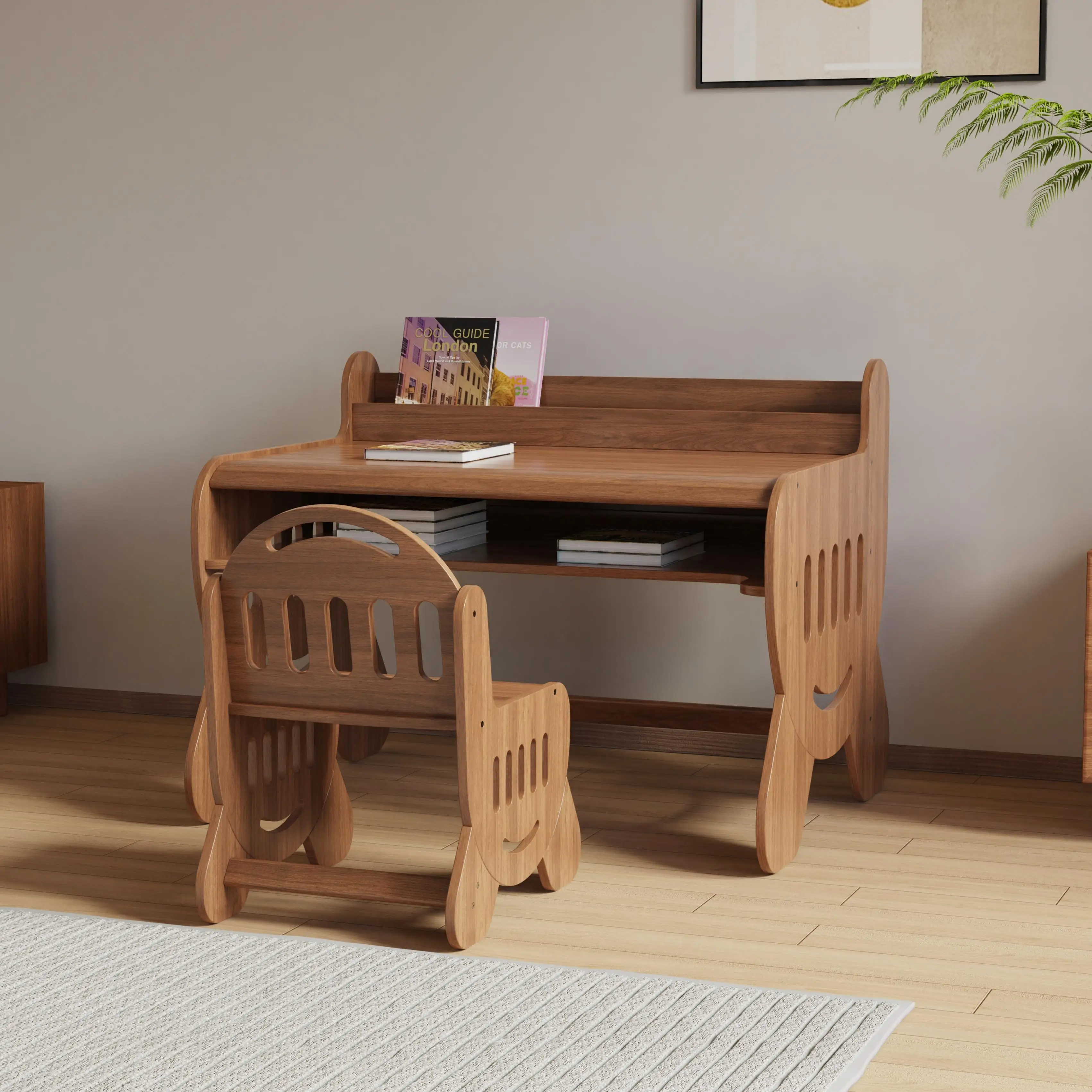 Natural Solid Wood Kids Study Desk and Chair Set with Bookshelf Customizable Childrens Furniture for Kindergarten School