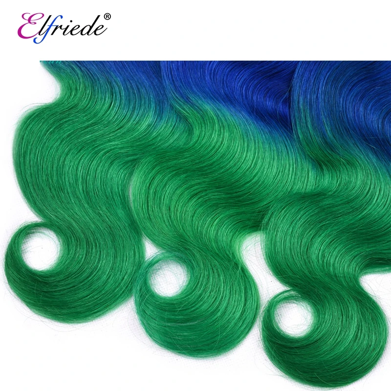 Elfriede #1B/Blue/Green Body Wave Ombre Colored Hair Bundles with Closure Remy Human Hair Weaves 3 Bundles with Lace Closure 4x4