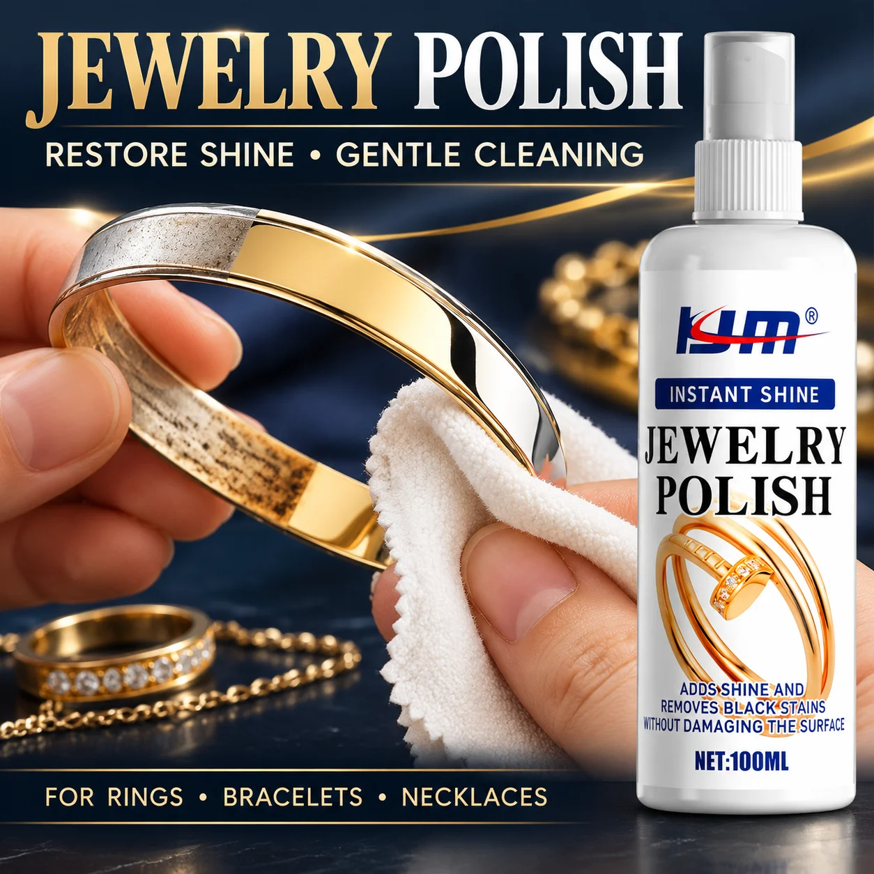 KJM 100ml Jewelry Cleaner Spray Instant Shine Tarnish Remover - Gold Silver Diamond Ring Bracelet Necklace Jewelry Polish