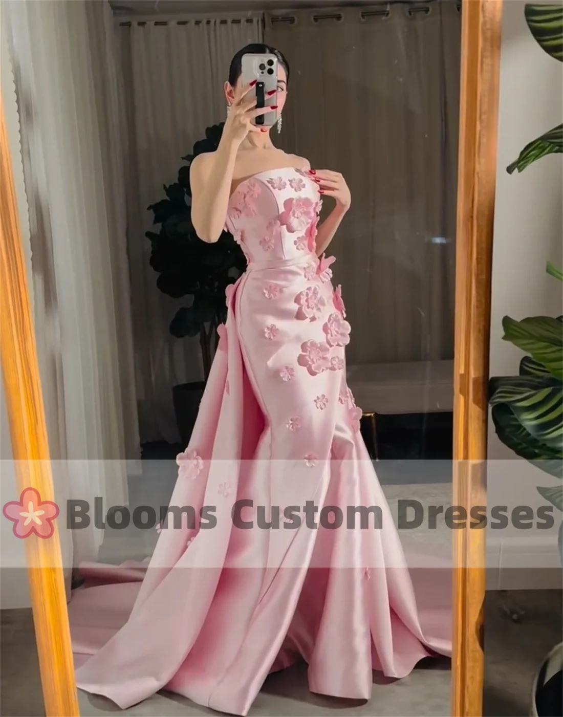 Blooms Gorgeous Satin 3D Flowers Pink Evening Dresses Mermaid Lace-up Custom Prom Dress Removable Tail Formal Occasion Gown