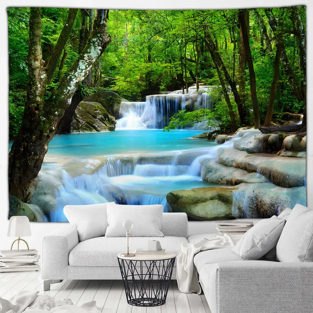 Tropical Jungle Waterfall Landscape Tapestry Green Plants Nature Forest Tapestries Home Living Room Decor Garden Wall Hanging