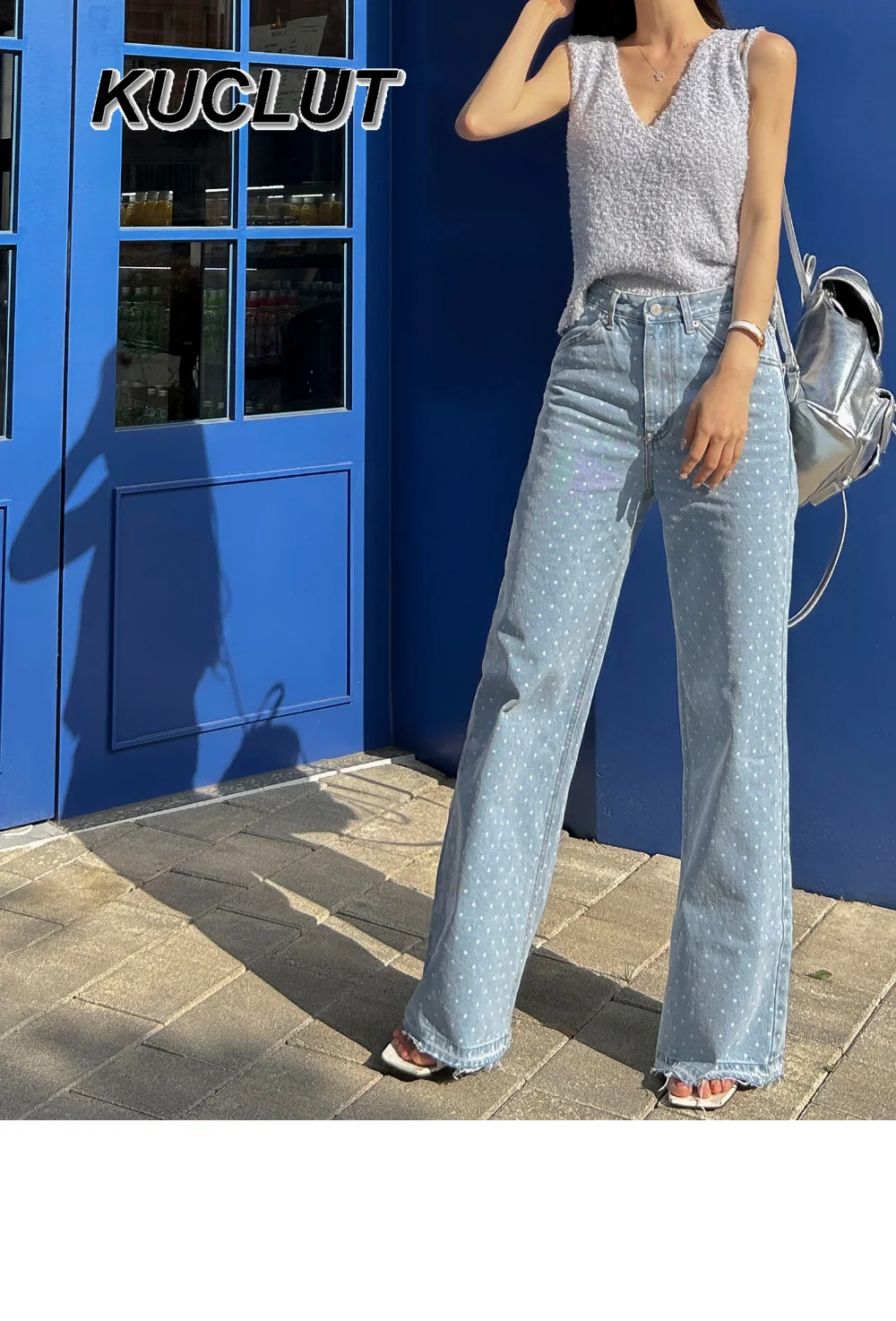 Koreanischen Stil Spribng Herbst Damen Denim Hosen Retro Vielseitig Hohe Taille Dünne Kontrast Polka Dot Breite Bein Jeans für Frauen