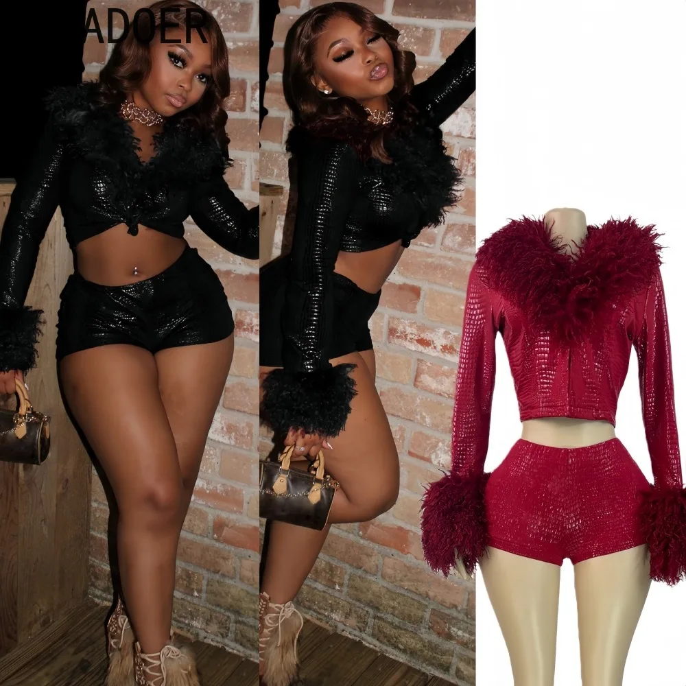 FAGADOER 冬の新ファッションゴールドスタンピングツーピース衣装女性革毛皮パッチワーククロップジャケット + パンツ女性ストリートウェア