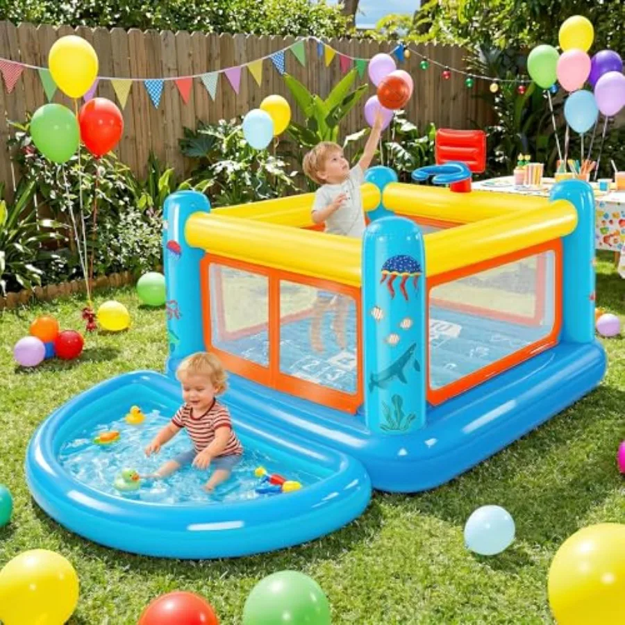 

Надувной батут для детей 3-6 лет, ПВХ, с баскетбольным кольцом и игрой в классики, для игр в помещении/на улице, малый размер