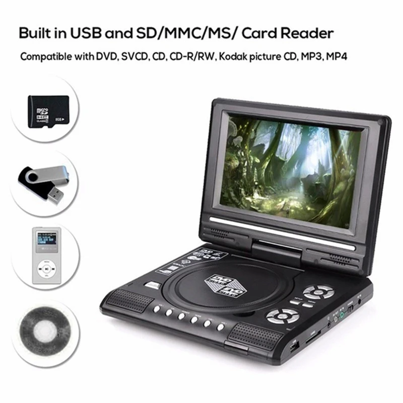 Portable 7.8 Inch TV Home Car DVD Player HD VCD CD MP3 HD EVD Player With TV/FM/USB/Game Function-EU Plug