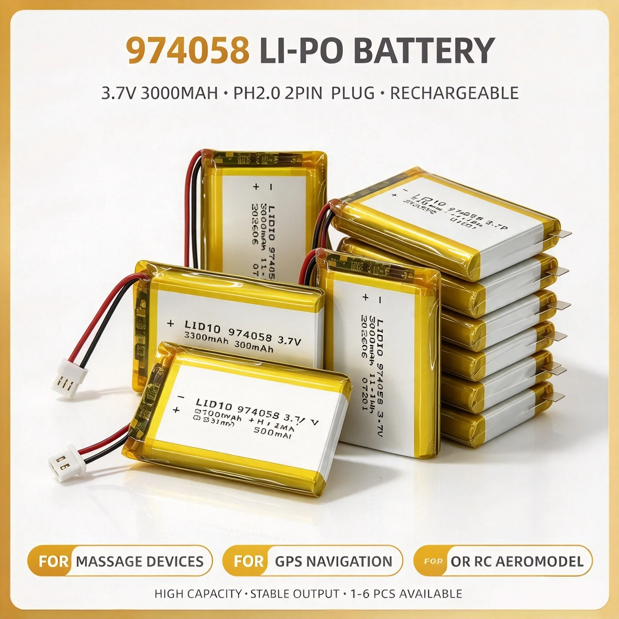 974058 3.7V 3000mAh Li-Polymer Rechargeable Battery PH2.0 Connector 1-10PCS for GPS Navigation RC Models
