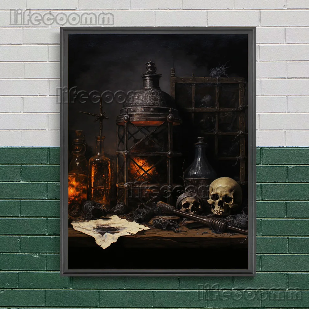 Creepy Skulls And The Book Of Evil Shadows,Vintage Wall Art Canvas Print Witch Desktop Items Gothic Art Poster Print Home Decor