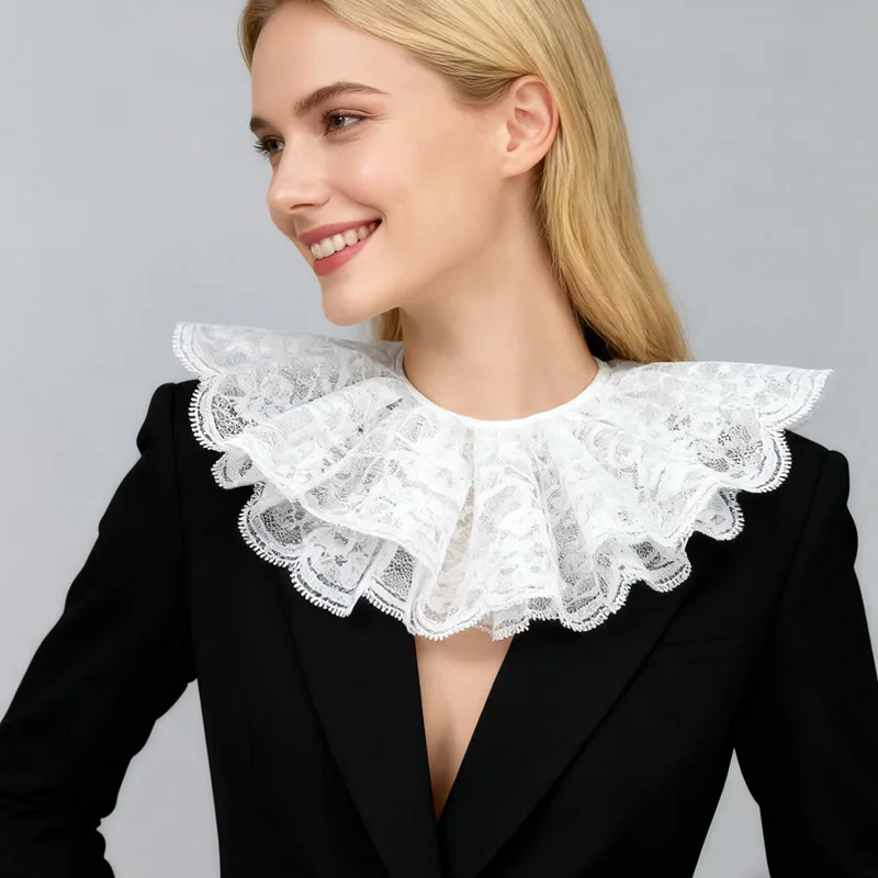 

Medieval Faux Collar Victorian Detachable Collar Ruffled Lace Jabot Neck Collar Lace Neck Decoration Fake Collar White Black