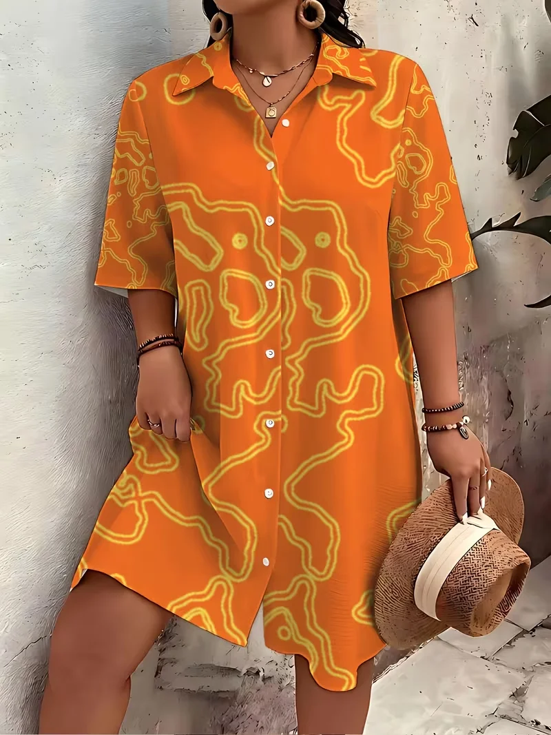 Elegant 2026 New Summer Women Shirt Dress Casual Geometric Patterns Short Sleeve Blouse Dress Office Ladies Loose 3XL Plus Size
