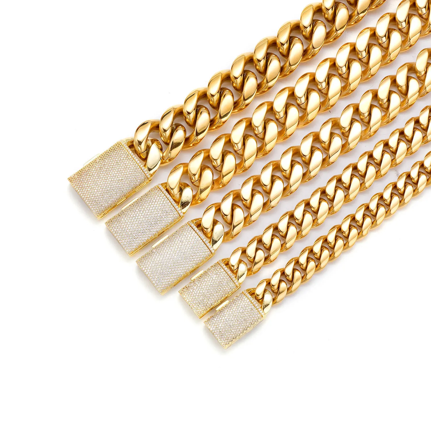 18k Gold Plated Bracelet 12mm-22mm 7-9 inch 304 stainless steel Cuban Miami Chain Hip hop Jewelry Cuban Link Chain Necklace