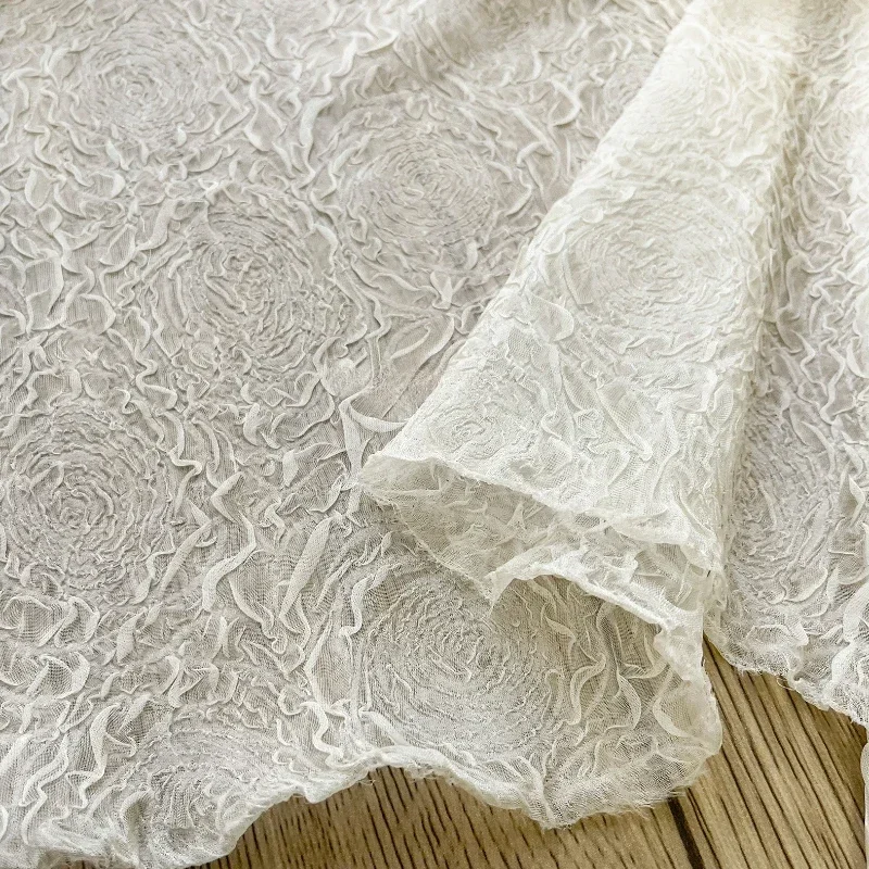 White Rose Three-dimensional Texture Wrinkled Yarn Perspective Lace Indentation Texture Mesh Wedding Dress Designer Fabric