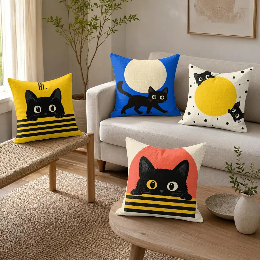 Hello Black Cat Cushion Cover Organic Linen Throw Pillow Cover - Double-Sided Print Breathable Cushion Case Home Decor