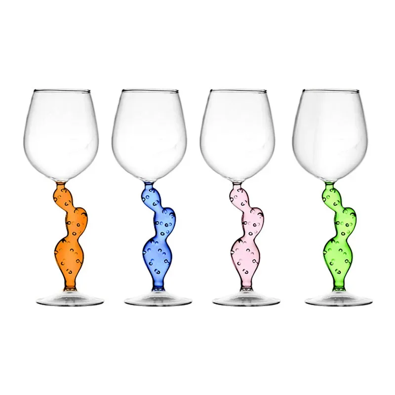 350ml 12oz Creative Blue Amber Pink Green Cactus Stemmed INS Style Glass Goblet Red Wine Glasses Cup Set Home White Wine Cup