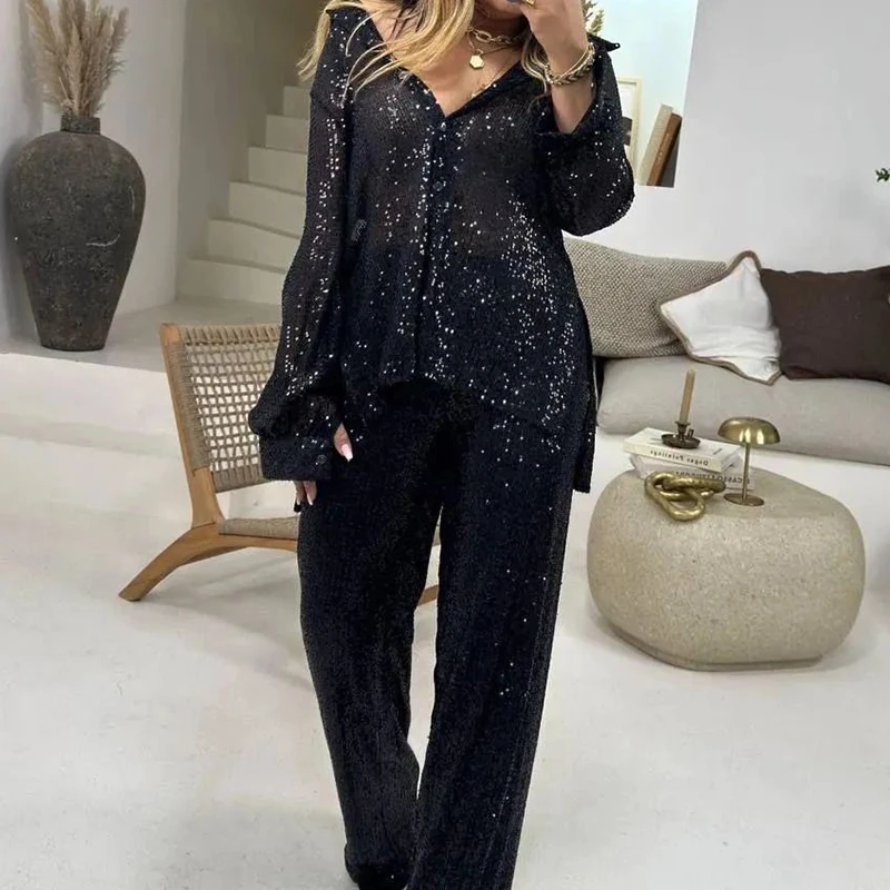 New Fashion Sequin Loose Party Outfits Spring Summer Long Sleeved Two Piece Sets Casual Women Lapel Button Shirt and Pants Suits