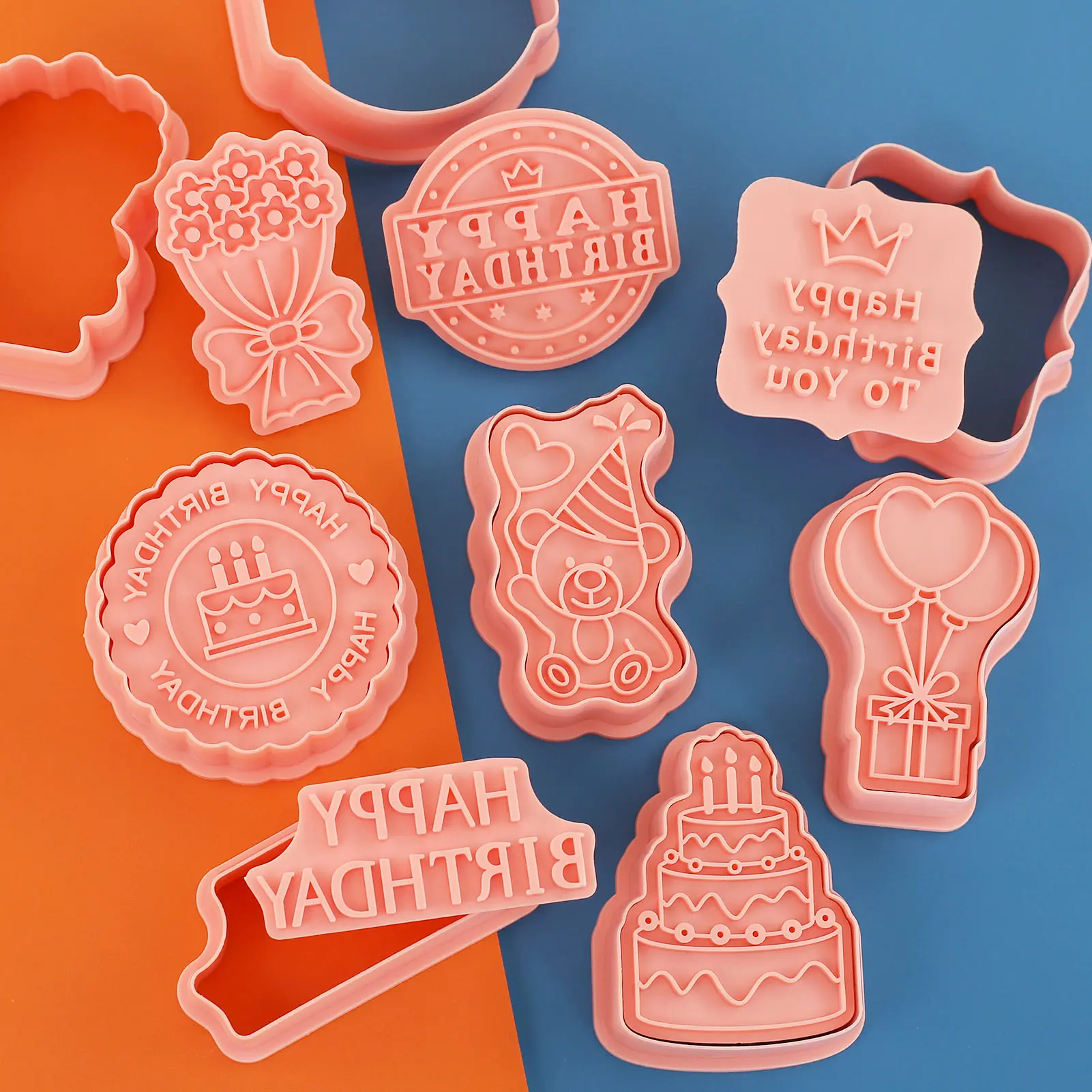 8Pcs Happy Birthday Cookie Cutter with Stamp Biscuit Mold DIY Kitchen Bakeware Tools for Baby Shower Kids Birthday Party