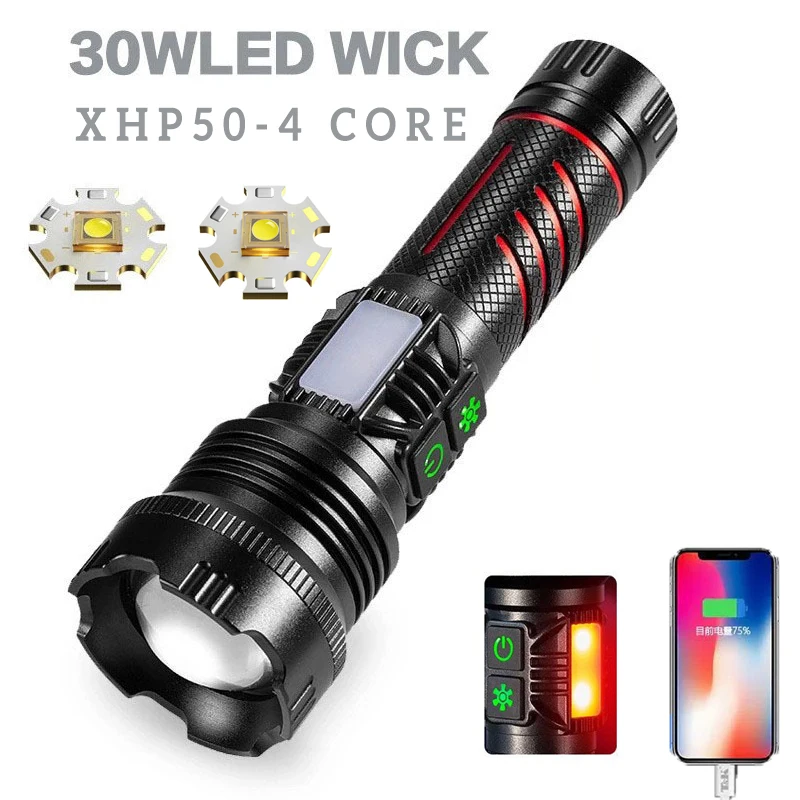 

High Power Long Range Flashlight Rechargeable 26650/18650 Battery Torch Tactical Camping Power Bank Zoom XHP50.2 LED Flashlights