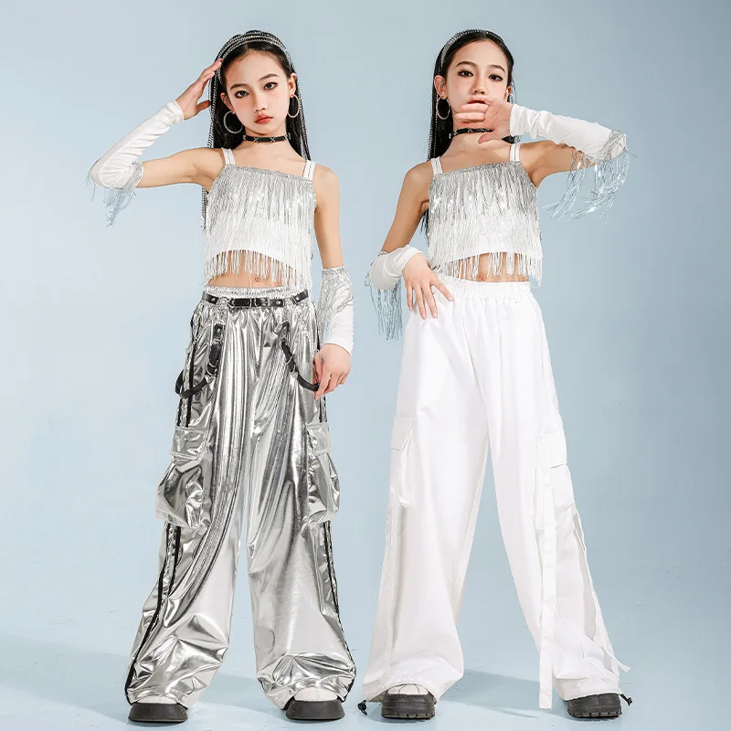 Girls Hip Hop Jazz Clothing Sets Tassels Crop Tops + Shiny Leather Pants Children Performance Catwalk Street Dance Costumes