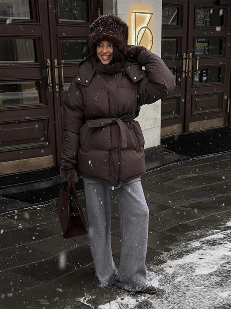 겨울 따뜻한 후드 코튼 재킷 여성 패션 스탠드넥 지퍼 긴 소매 레이스업 코트 2025 여성 시크 캐주얼 아우터웨어