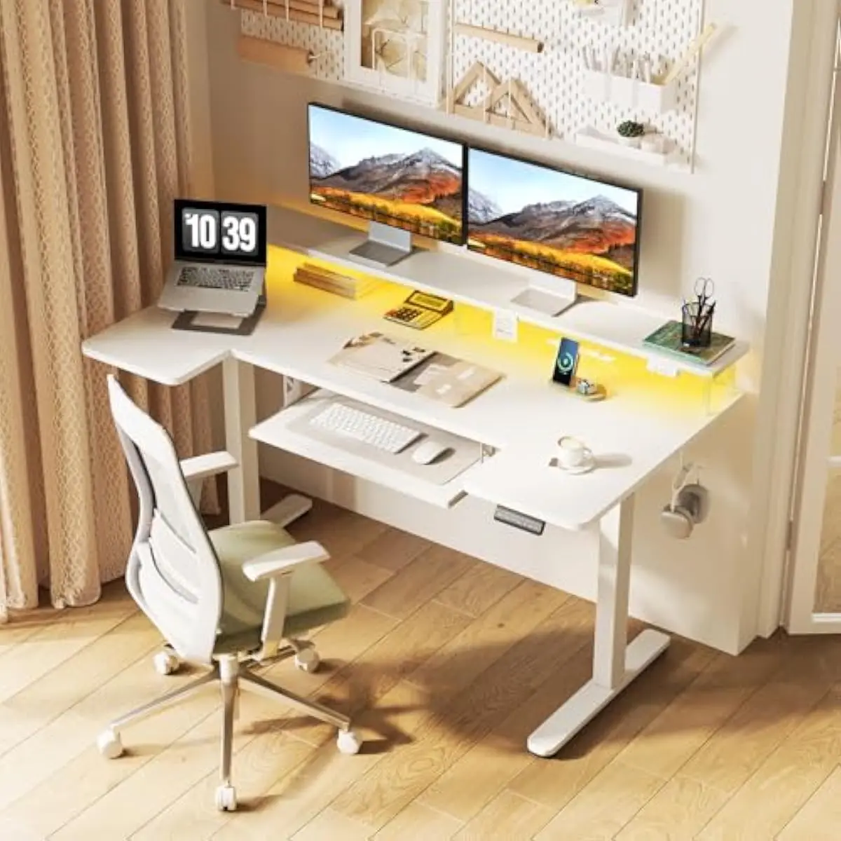 55 Inch U Shaped Motorized Height Adjustable Desk in White with Dual Corner Layout, Built-In USB Ports, Polished Engineered Wood