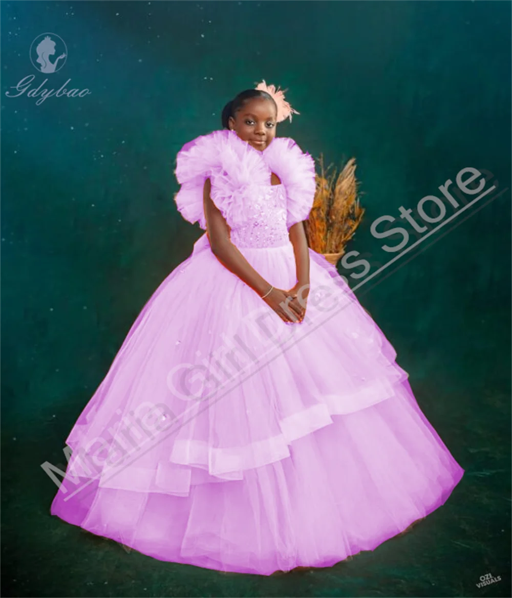 Vestido de aniversário para meninas, gola quadrada, manga bufante, lantejoulas, renda, babado, adequado para casamento, primeira comunhão