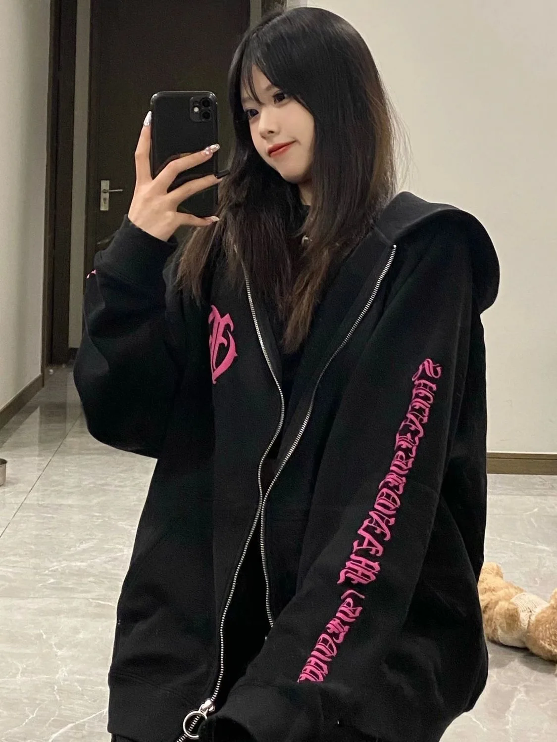 Gothic Letter Printed Zip Hoodie Oversized Sweatshirt Women Spring Autumn Casual Hoodies Female Black Tops Streetwear Plus Size