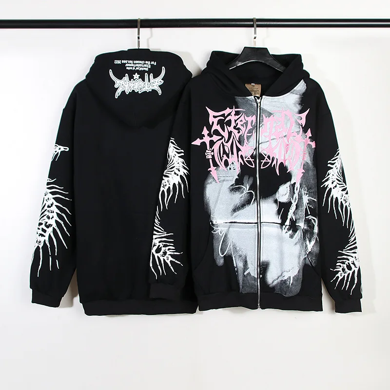 

Fashion Couple Clothing Dinosaur Bone Printing Hooded Sweatshirts Streetwear Men's Loose Casual Black Hoodies Zipper Cotton Coat