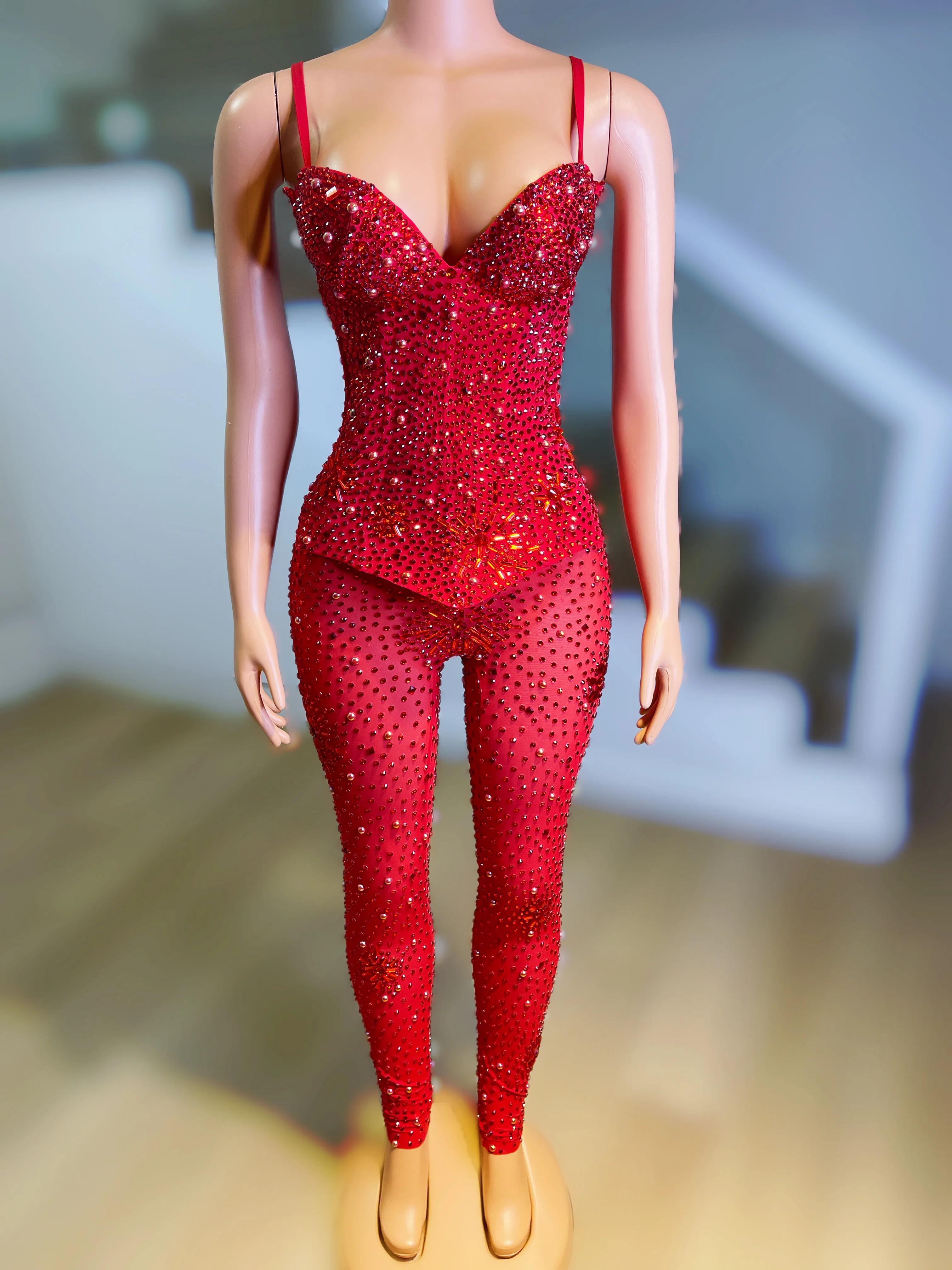 Women Sparkly Rhinestones Transparent Jumpsuit Sexy Tight Birthday Party Nightclub Outfit Singer Dancer Show Rompers Stage Wear
