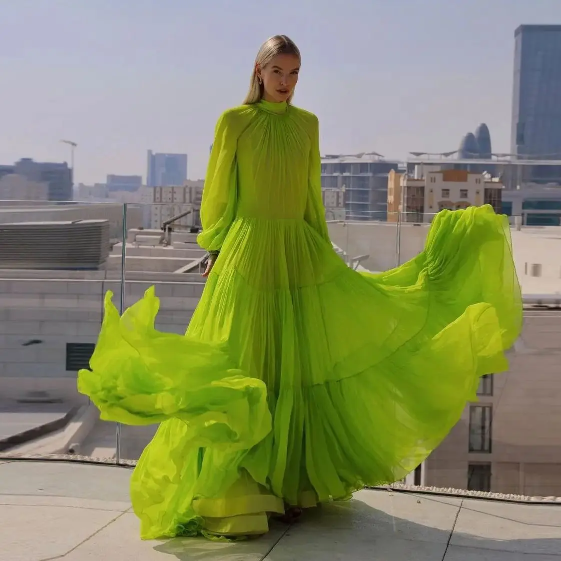 New Arrival Neon Green Prom Gowns Dresses Long Soft Tulle A Line Fashion 2024 Party Dress Flare Sleeve Lush No Lining