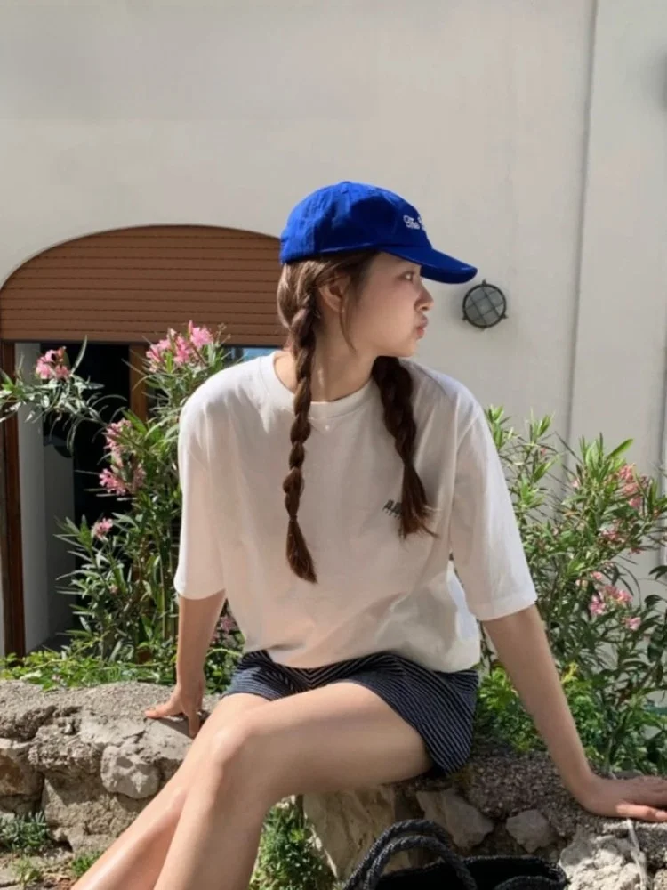 

Candy Miss Korean Sle Navy Stripe Elastic Casual orts High Waist Loose Fit Summer Season Faion Straight Leg Pants