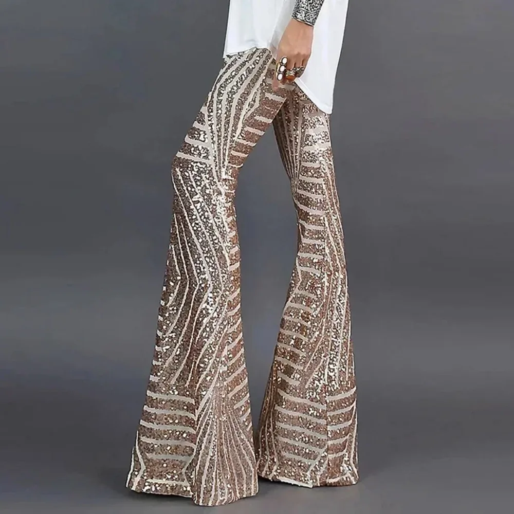 

Sequin High Waist Skinny Flare Pants Streetwear Wild Basic Slim 2025 Trend Patchwork Casual Summer New Women's Pants