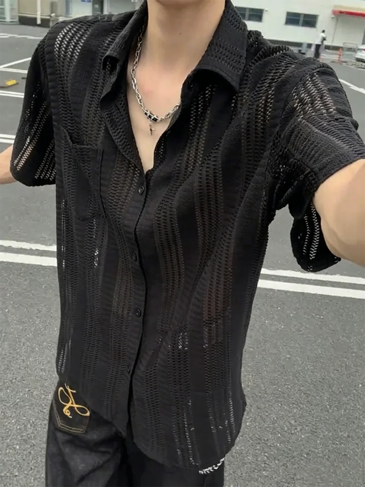 

Men's Black Hollow out Ice Silk Short Sleeve Shirt Summer Sun Protection Breathable Loose Fit American Style Casual Shirt