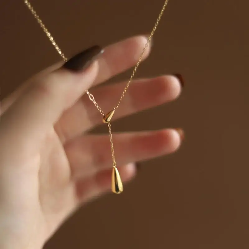 Vintage Water Drop Lariat Necklace Y-Shaped Waterproof Stainless Steel Pendant for Women Office Date Wear Jewelry Gift